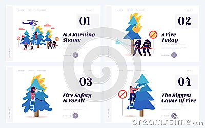 Firemen and Volunteers Fighting with Fire in Forest Website Landing Page Set. Men and Women Bringing Water Vector Illustration