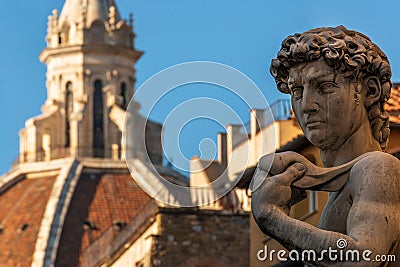 FIRENZE, ITALY - Sep 08, 2020: the statue of David and the cathedral dome of Florence Editorial Stock Photo