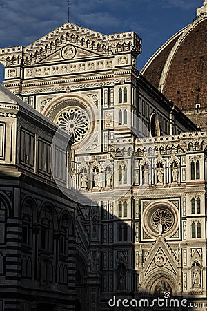 Firenze`s white marble cathedral facade detail, famous landmark in Tuscany Stock Photo