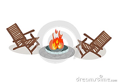 Firepit with wooden chairs around it. Vector Illustration