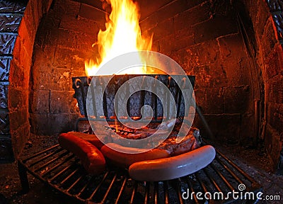Fireplace and barbecued meat Stock Photo