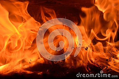 Fireplace, blazing fire Stock Photo