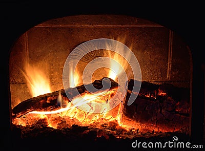 Fireplace, blazing fire Stock Photo