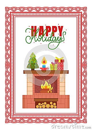 Fireplace with Burning Fire, Decorated Spruce Tree Vector Illustration