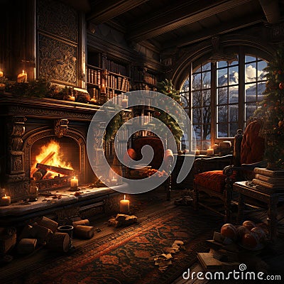 fireplace with burning logs in an old house Stock Photo