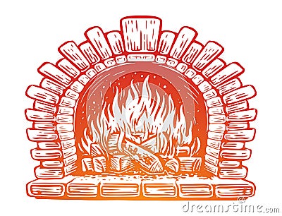 Fireplace burns with wood, vector illustration. Warm cozy home Christmas time Vector Illustration