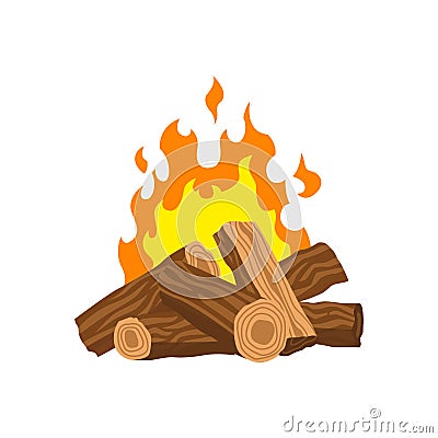 Fireplace campfire. Burning fire travel and adventure symbol. Vector bonfire or woodfire in cartoon flat style. A Vector Illustration