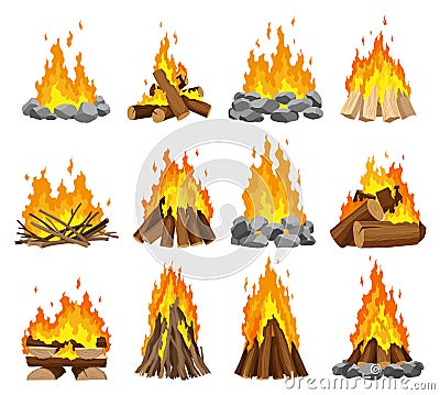 Fireplace campfire different types. Burning wood collection, travel and adventure symbol. Vector bonfire or woodfire in Vector Illustration