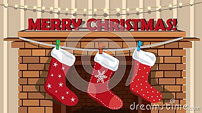 Fireplace with Christmas stockings and decorative letters, greeting card Vector Illustration