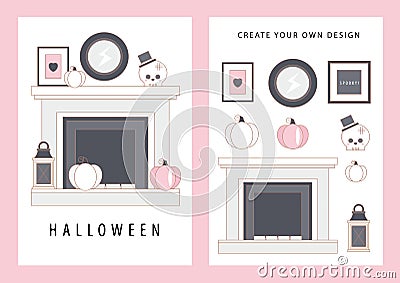 Fireplace decorated for Halloween card Vector Illustration