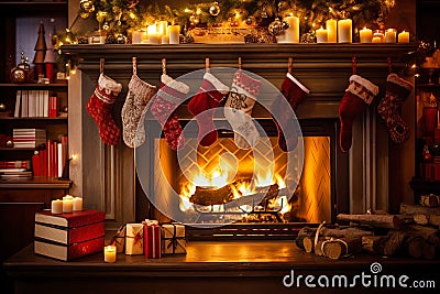 Fireplace decorated with vintage style Christmas red stockings, retro garlands, Vintage fireplace with crackling fire Stock Photo