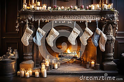 Fireplace decorated with vintage style Christmas stockings, retro garlands, Vintage fireplace with crackling fire Stock Photo