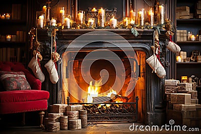 Fireplace decorated with vintage style Christmas stockings, retro garlands, Vintage fireplace with crackling fire Stock Photo