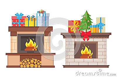 Fireplace Decoration Christmas Winter Holidays Set Vector Illustration