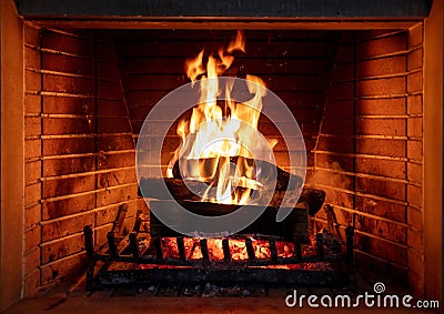 Fireplace, fire burning, cozy warm fireside, christmas home Stock Photo