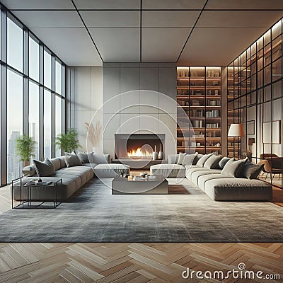 fireplace fire modern windows sofa - ai generated Stock Photo