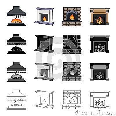 Fireplace, fire, warmth and comfort. Different kinds of fireplace set collection icons in cartoon black monochrome Vector Illustration