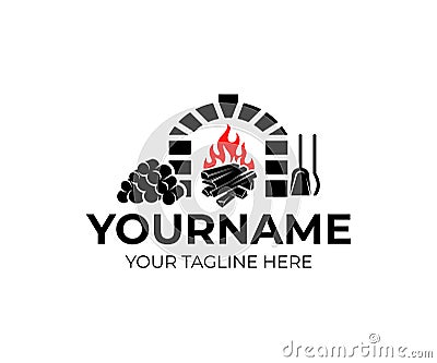 Fireplace, firewood, fire and bonfire with a poker and a shovel, logo design. Heating, interior, home and comfort, vector design Vector Illustration