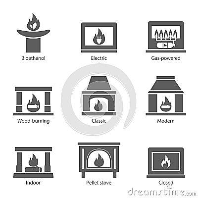 Fireplace icons set vector flat sign isolated on white background. Stove fireplace, biofireplaces, electric, wood Vector Illustration