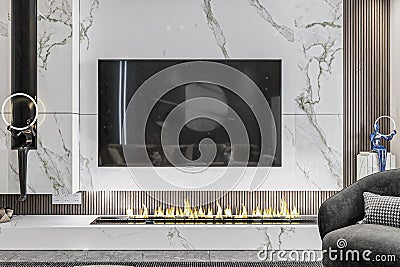 Fireplace interior design for a modern living room with White Marble Tiles Background, Luxury Showpiece Stock Photo