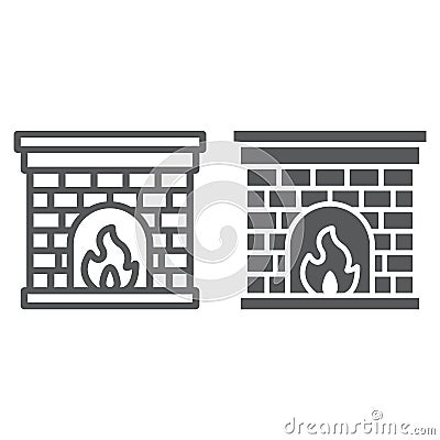 Fireplace line and glyph icon, fire and home Vector Illustration