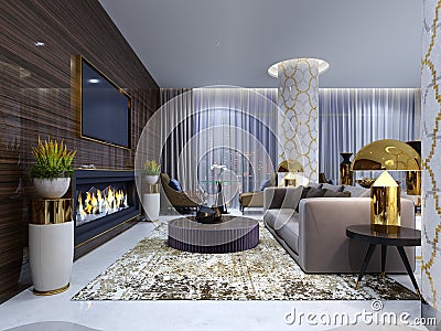 Fireplace lounge area in a luxury hotel with a soft sofa, armchairs and a coffee table. Wooden wall with built-in TV and fireplace Stock Photo