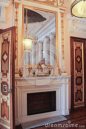 Fireplace in marble dining room. Editorial Stock Photo