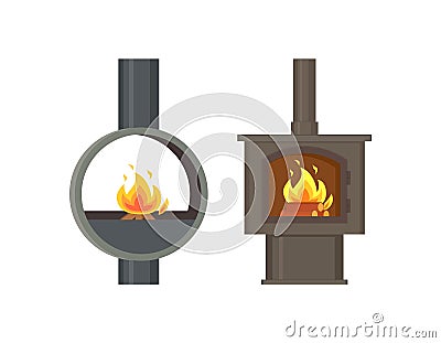 Fireplace old Style Stoves with Burning Logs Set Vector Illustration