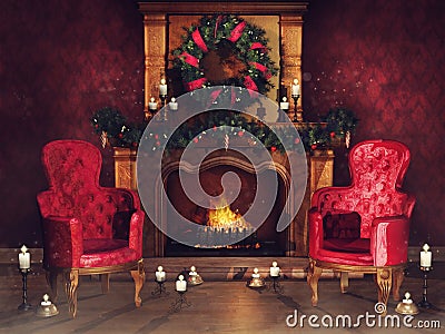 Fireplace with ornaments and armchairs Stock Photo