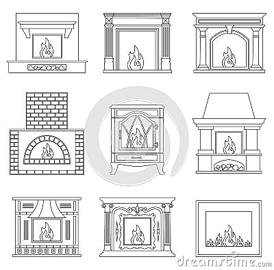 Fireplace in outline style. Vector Illustration
