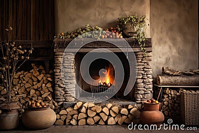 fireplace with roaring fire and stack of firewood nearby Stock Photo