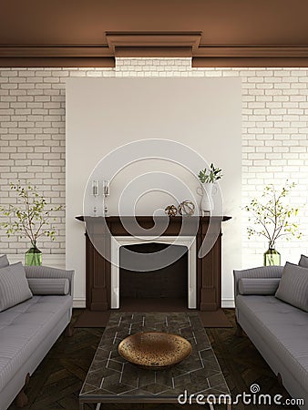 Fireplace and sofas Stock Photo