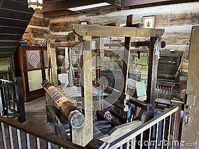 Weaver’s Loom Inside an 1800’s Recreated Home in Spring Mill State Park Stock Photo