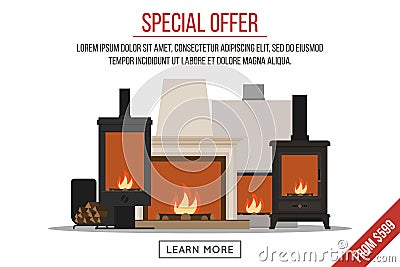 Fireplaces sale banner Vector Illustration