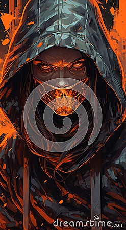 Fires of Mystery: Portrait of a Hooded Girl with Fiery Gaze and Mask Stock Photo