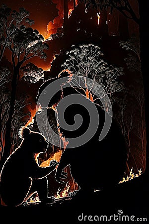 Koalas at risk from Australian Bushfires. AI generated Stock Photo