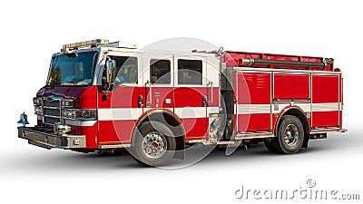 Firetruck or Red Fire engine. American fire truck on white isolated background. Emergency vehicle. Real full size car. Stock Photo