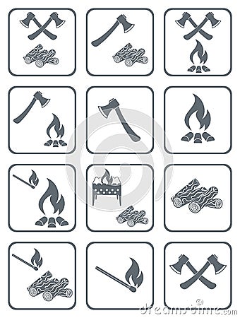 Firewood, ax and matches icons Vector Illustration