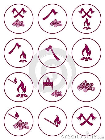 Firewood, ax and matches icons Vector Illustration
