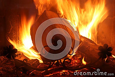 Firewood blaze in furnace Stock Photo