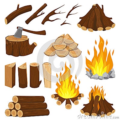 Firewood boards. Fireplace fire wood, burning wooden stack and blazing bonfire. Campfire logging pile cartoon vector Vector Illustration