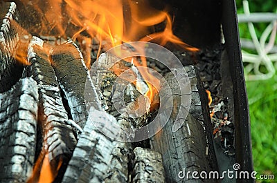 Firewood burning on grill. Texture fire bonfire embers. Stock Photo