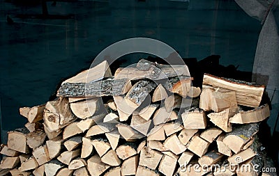 Firewood chopped for barbecue. Chopped wood for kindling. Stock Photo