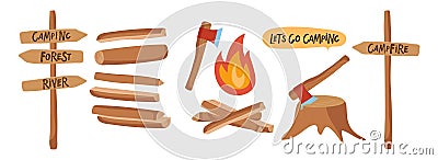 Firewood for fire in forest hike. Pointer arrow, Firewood piles, stacked bonfire firewoods vector set. Fire with chopped Vector Illustration