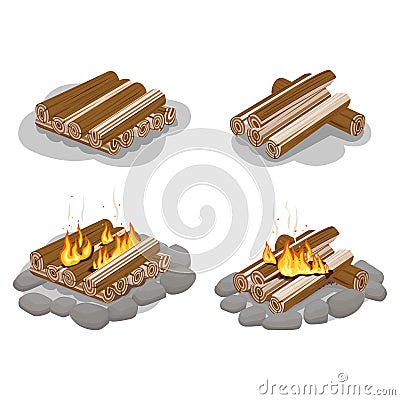 Firewood Lighted and Unlighted Fire Illustration Vector Illustration