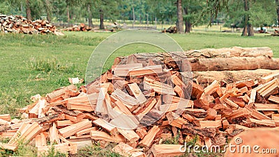 Firewood is stacked in autumn. Chopped pile of wood. Lots of wood from logs. Preparation of firewood for the winter. background te Stock Photo