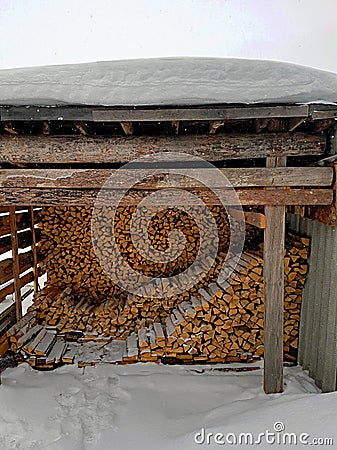 Firewood under the roof Stock Photo