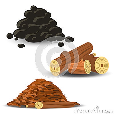 Firewood, Wood Chips and Coal Vector Illustration