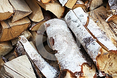 Firewood in the yard for winter holidays and cold season Stock Photo