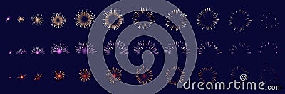 Firework animation. Fireworks sequence set, gathering light particle firecracker explosion effect, christmas holiday Vector Illustration